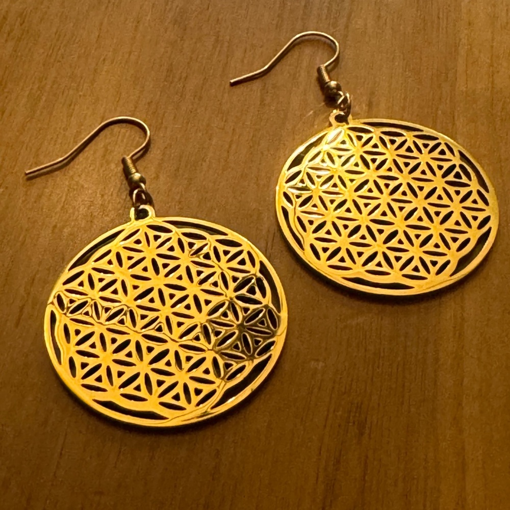 Flower of life gold plated earrings inch and a half